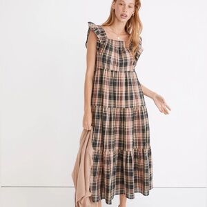 Madewell Flutter-Sleeve Tiered Midi Dress in Plaid • NWT